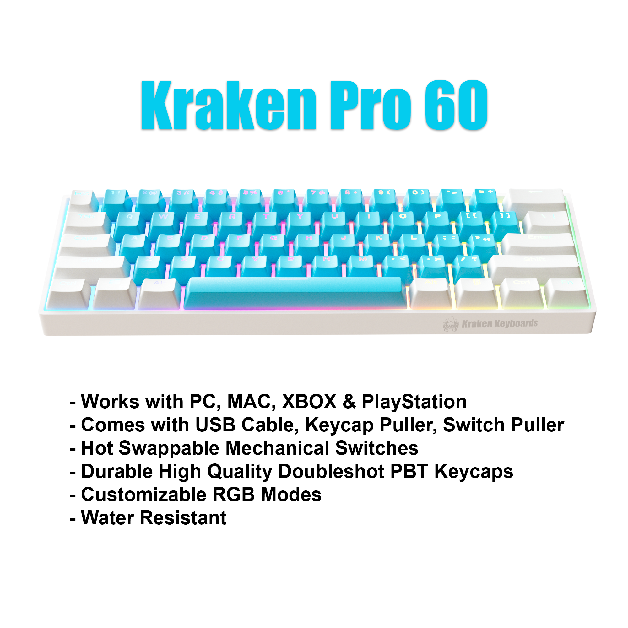  KRAKEN KEYBOARDS Sakura Edition Kraken Pro 60, White & Pink 60%  HOT SWAPPABLE Mechanical Gaming Keyboard for Gaming On PC, MAC, Xbox and  Playstation (Sakura