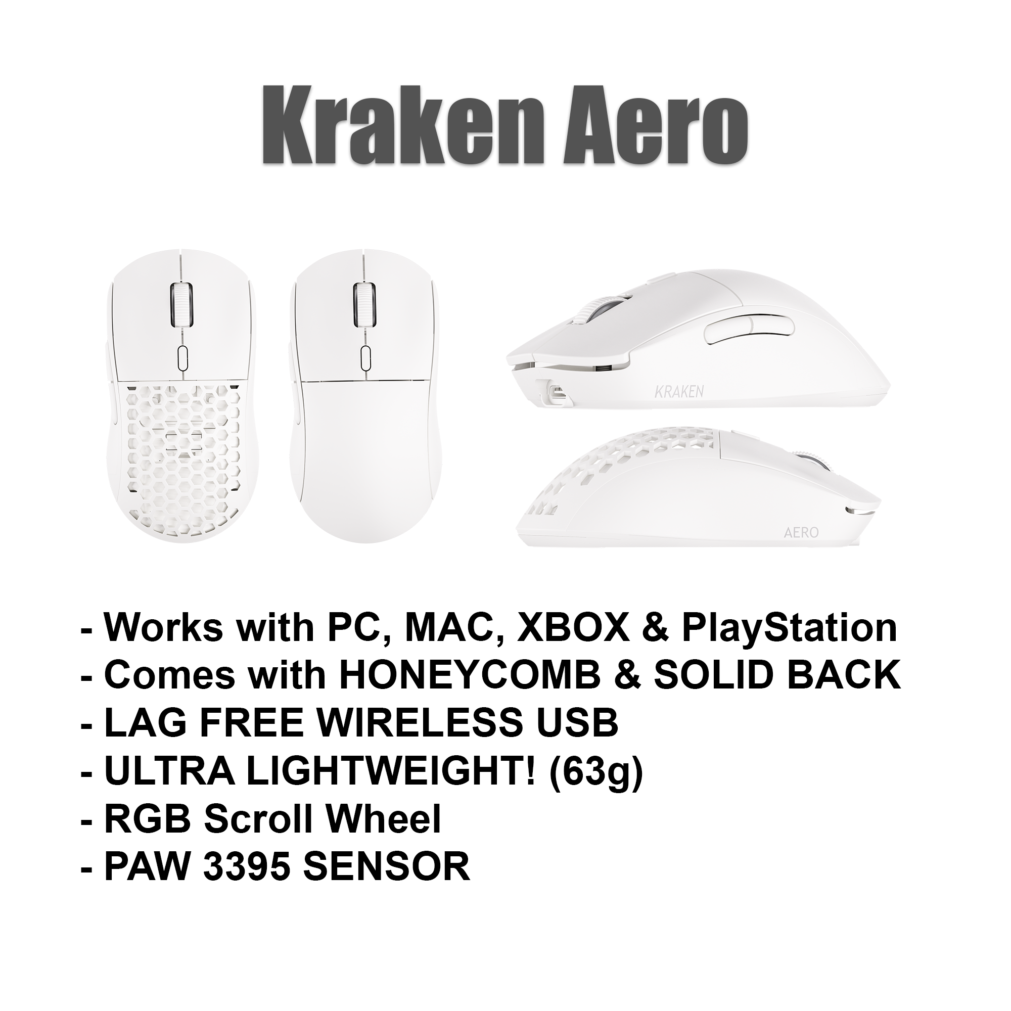 Kraken Aero - Ultra Lightweight Wireless Gaming Mouse - WHITE Kraken Aero - Ultra Lightweight Wireless Gaming Mouse - WHITE