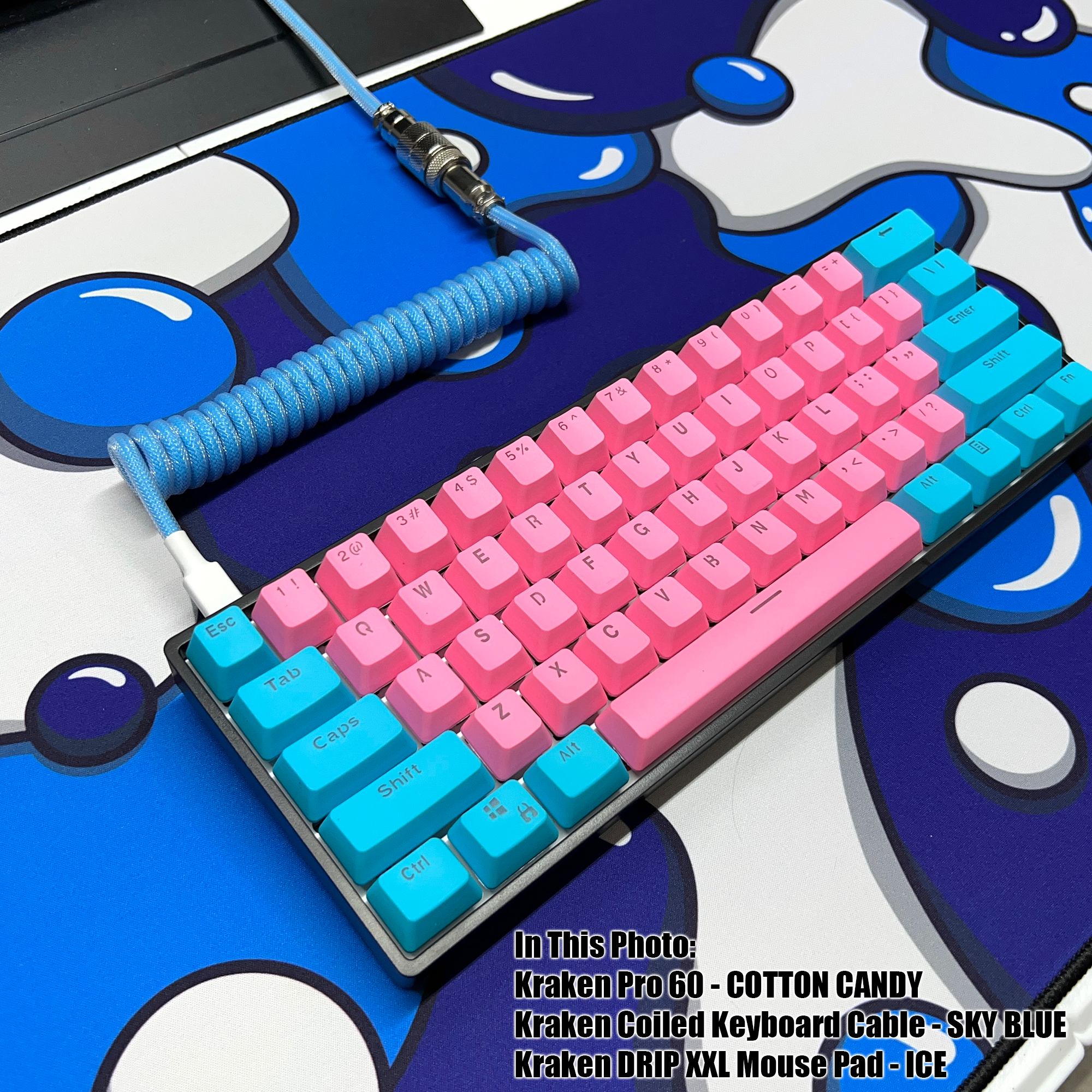  Kraken Pro 60 Cotton Candy Edition 60% Blue and Pink Mechanical  Keyboard + Kraken Pink Coiled Cable (Blue and Pink Gaming Keyboard) :  Electronics