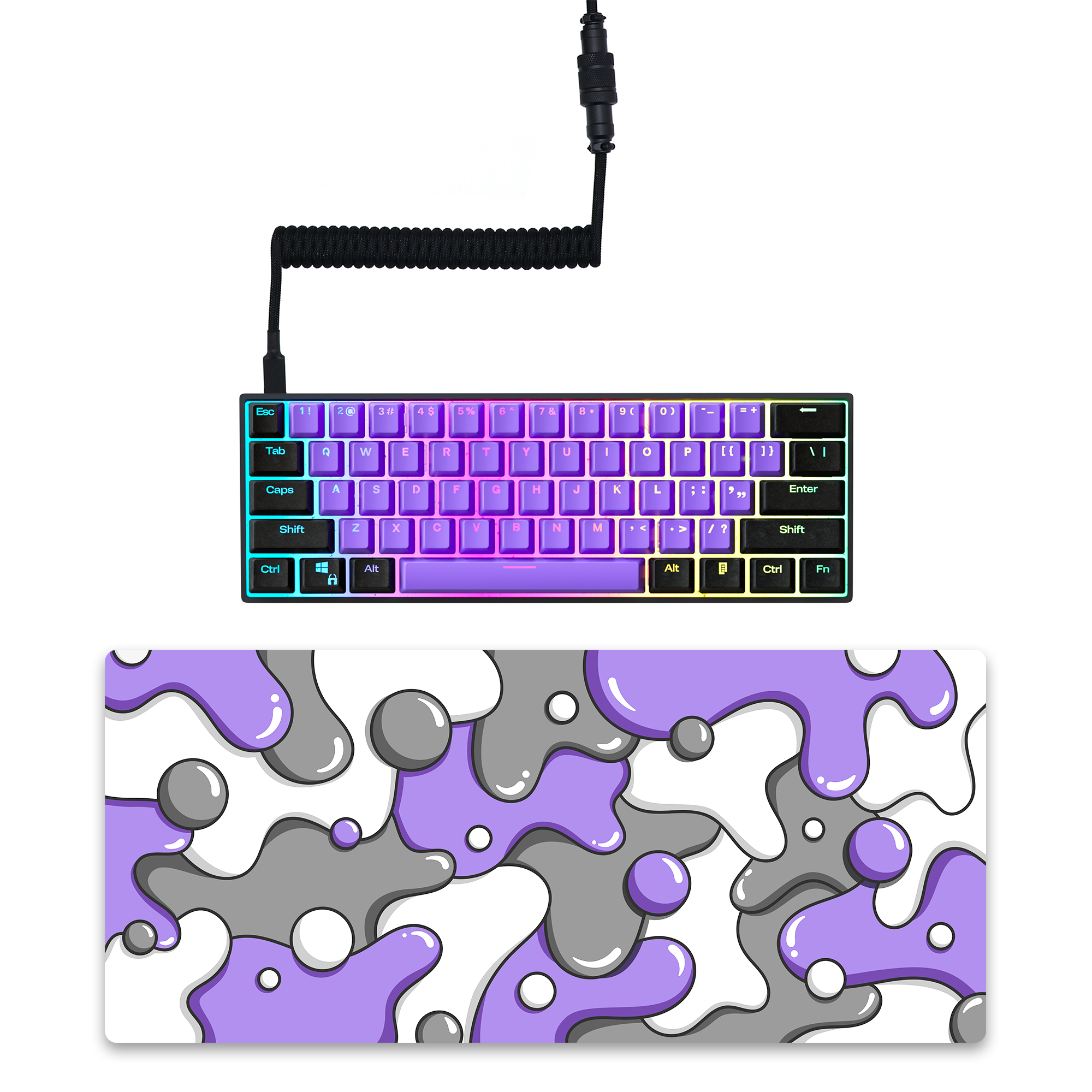 Kraken Cable + XXL Mouse Pad Bundle (Black Coiled Keyboard Cable and Purple  XXL Extending Gaming Mouse Pad)